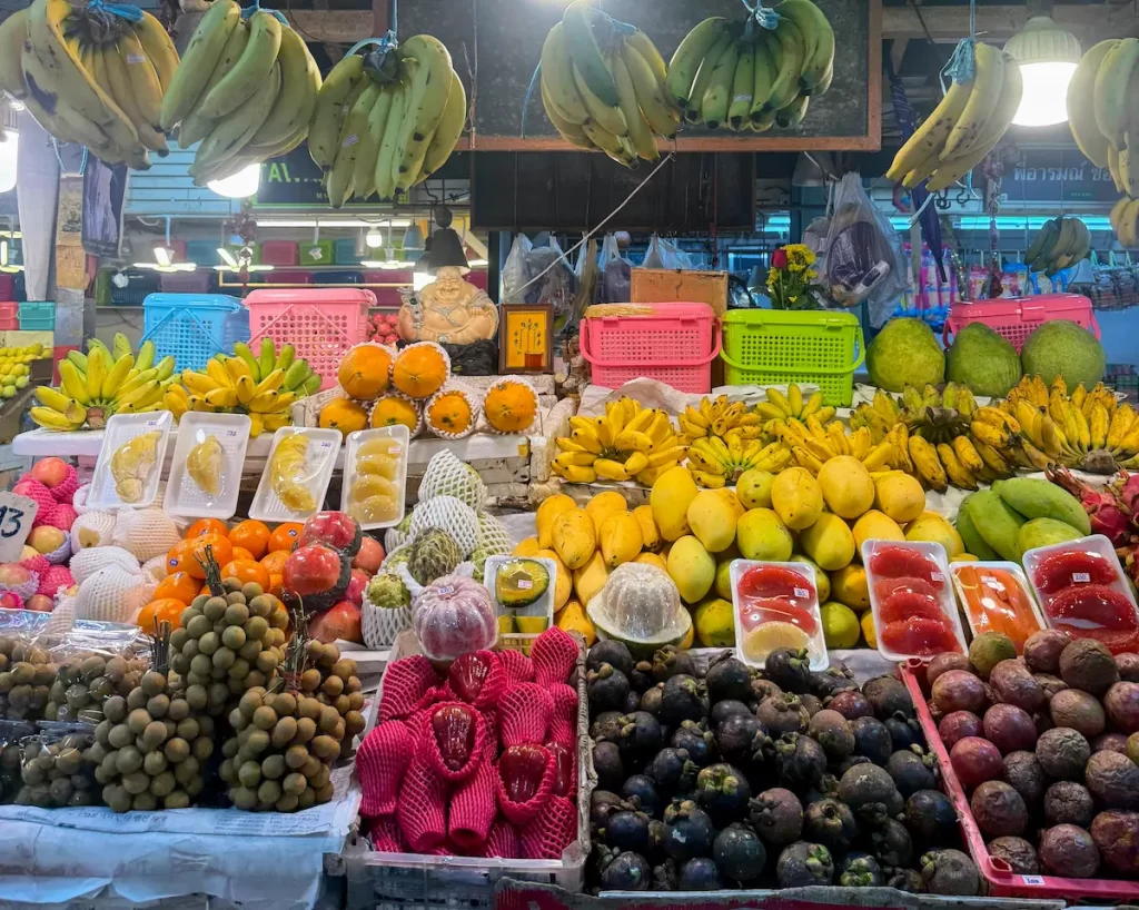 Fresh tropical fruit inside Banzaan Market in Patong Phuket at night