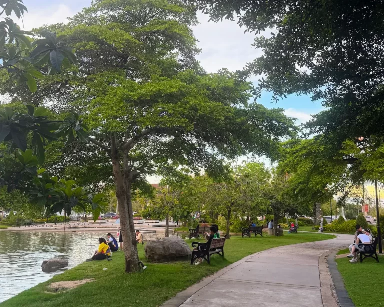 Quiet park walkway during a slow travel moment in Thailand